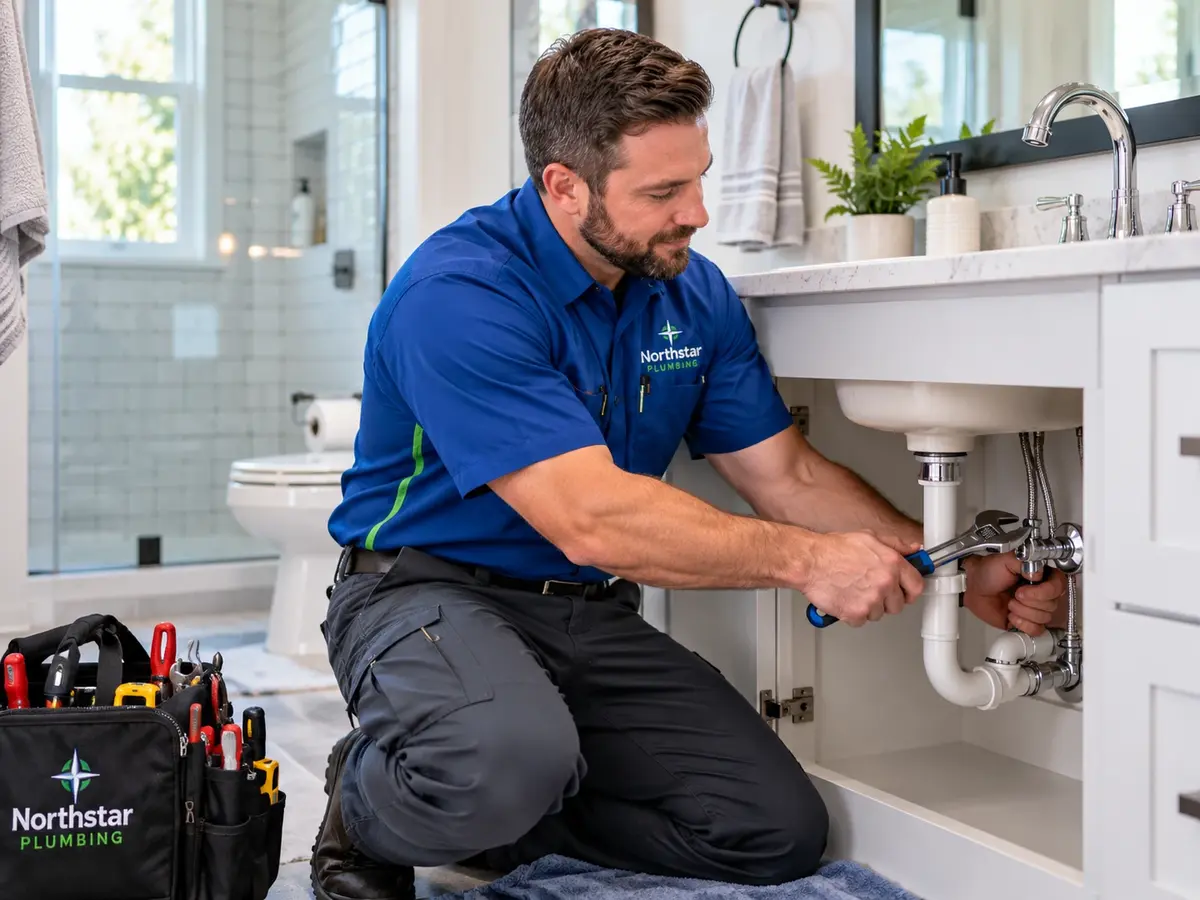 Plumber using a wrench on the drain trap under a bathroom vanity sink