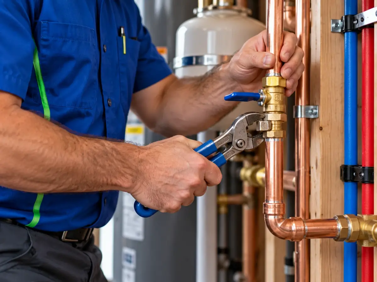 Close-up of hands tightening a fitting on a copper water line next to a water heater