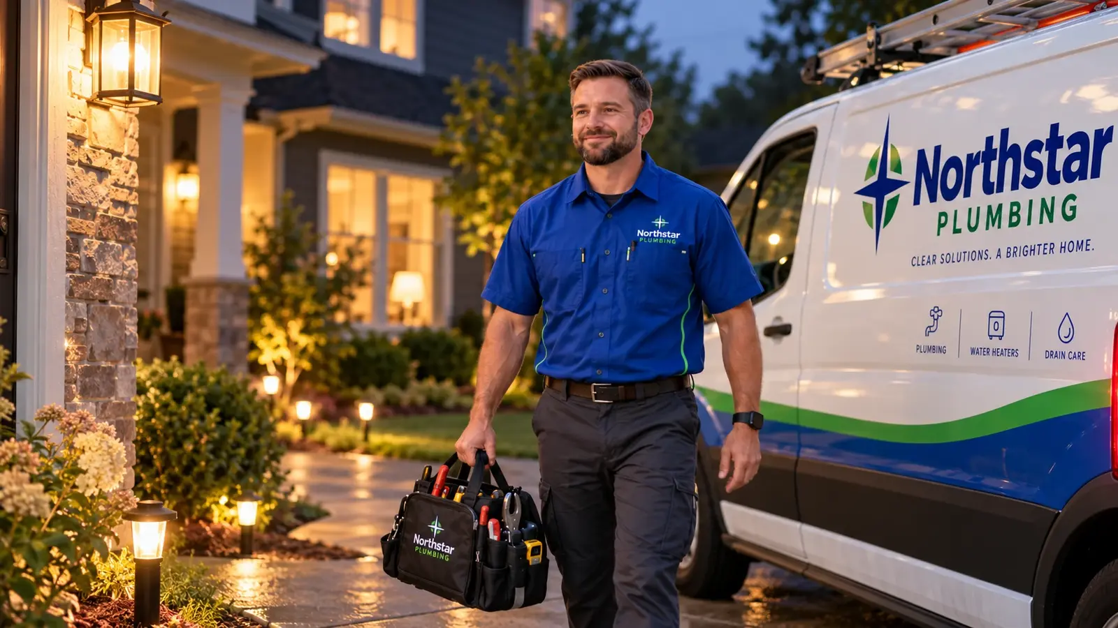 Plumber in a Northstar Plumbing uniform walking up a front path with a tool bag, Northstar Plumbing van parked nearby
